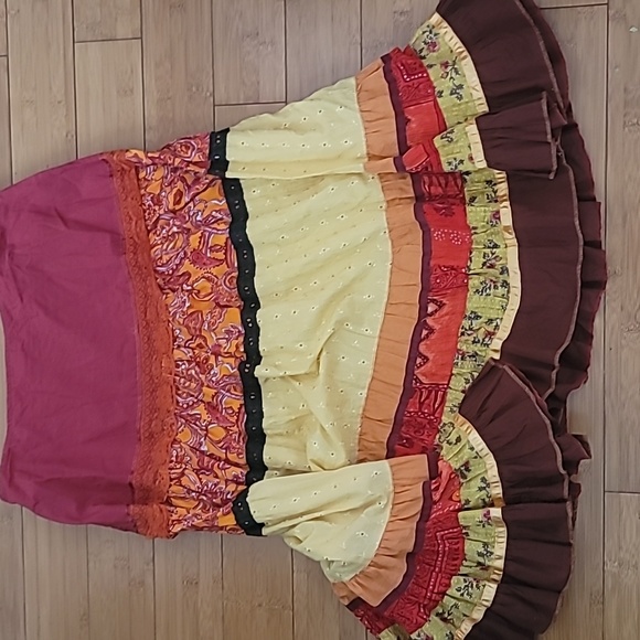 ALBERTO MAKALI Tiered Ethnic Mixed Pattern Fabric lace eyelet Midi Skirt SZ 14 - Picture 3 of 8